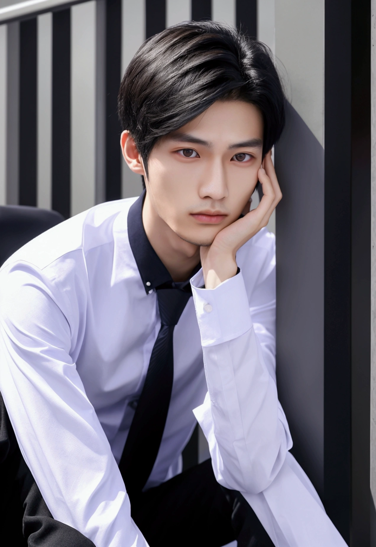 Generate an ultra realistic image of a handsome 20-year-old Chinese man, slim, slim, ectomomhe, asymmetrical face, new, CEO, passionate, serious and extremely cold countenance, CEO clothes, short black hair, face of a 20-year-old man