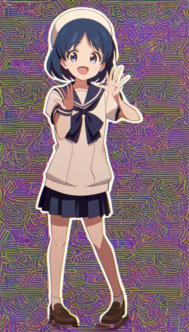 18-year-old, young girl, anime, short hair, pretty eyes, blue hair, full body, sailor suit, short pleated skirt, big smiling very happy. Break greenback, black outline, (stand up straight)