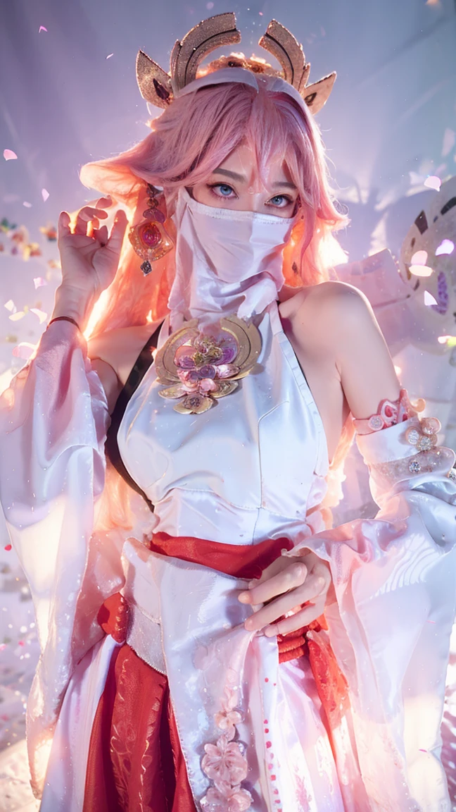 (Extremely detailed CG Unity 8K wallpaper, masterpiece, best quality), (ulzzang-6500-v1.1:0.4) 1 Girl, Korean Idol, Yae Miko, Separate sleeves, Pink Hair, Long hair, ,Long skirt,best quality, (Reality:1.2), (Hair accessories:1.35), Jewelry, Fox ears, Wearing a veil, (White Veil, Silk veil:1.2), Purple Eyes, earrings,, Delicate face, Face Focus, (Looking at the audience:1.25), Glowing skin, Long sleeve, Cowboy shooting, Dynamic poses, (Bend forward, Show your armpits, Sexy pose:1.3), Game CG, , indoor, Solid color background, whole body, Elegant Posture, Concentrated expression, Ambient Lighting