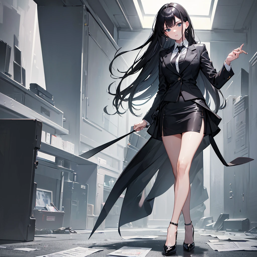 (((masterpiece, highest quality, High resolution,8k))),(((Tight Skirt))), black jacket, white shirt black skirt, High heels, black hair,Long Hair,career woman, showing papers in office,angry