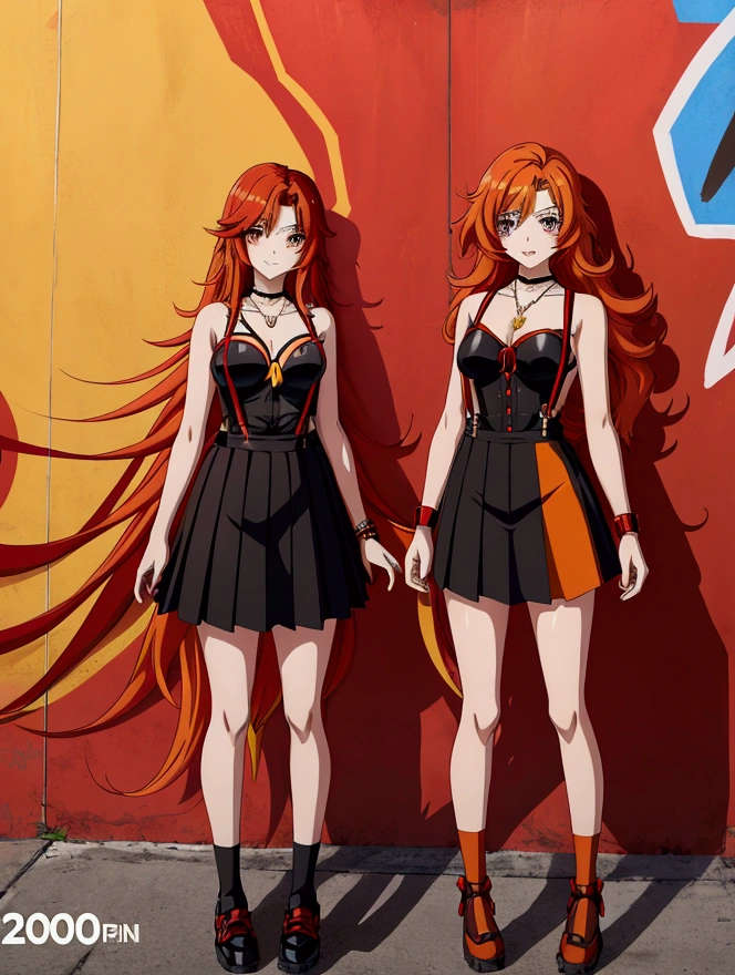 Anime girl in red, orange and black suspender skirt in front of graffiti wall, 25 years old，long hair anime girl, She has long red and yellow hair., Attractive anime girl,Bare arms，Bare arms，Bare legs，Black necklace，Tie-strap skirt，Front view，First Perspective，high quality，16K，Exciting appearance，very clearly，Exquisite mature facial，Royal sister，Simple black suspender skirt，