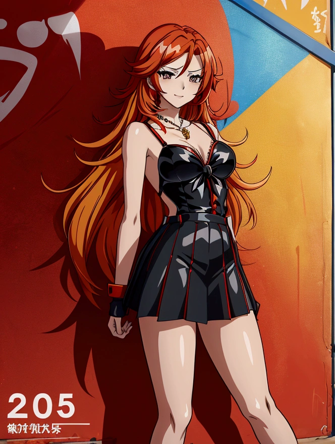 Anime girl in red, orange and black suspender skirt in front of graffiti wall, 25 years old,long hair anime girl, She has long red and yellow hair., Attractive anime girl,Bare arms,Bare arms,Bare legs,Black necklace,Tie-strap skirt,Front view,First Perspective,high quality,16K,Exciting appearance,very clearly,Exquisite mature facial,Royal sister,Simple black suspender skirt,