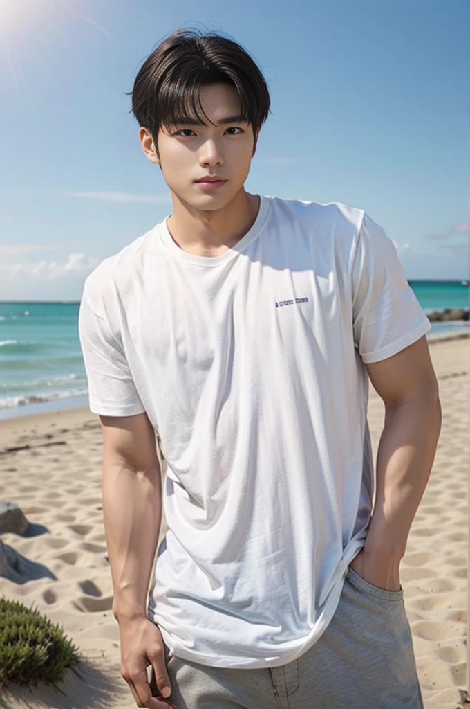 A young Asian man stands, handsome, muscular, looking at the camera. In a plain white t-shirt , Fieldside, grass, beach, sunlight