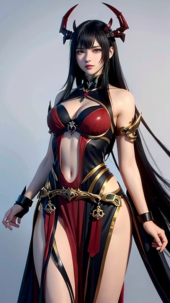 Create a female character that embodies the Scorpio zodiac sign, making it immediately recognizable. She is a mysterious and intense figure with long, straight black hair and piercing, deep brown eyes. She has a curvy, strong build and a medium complexion with a slight tan. Dress her in attire that combines dark, alluring styles with modern fashion, featuring a black and red color scheme. Include elements such as a scorpion headpiece, a dagger, and armor with scorpion motifs. The background should include a dark, enigmatic landscape with scorpions to further emphasize the Scorpio symbolism. She should exude a sense of power and passion, representing the intense nature of Scorpio.