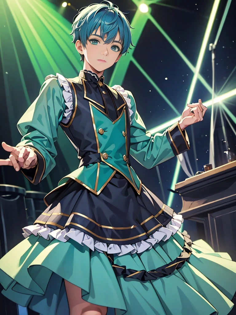 1boy, blue hair, ((green eyes)), ((idol costume)), blue dress, layered skirt, ((crew cut))