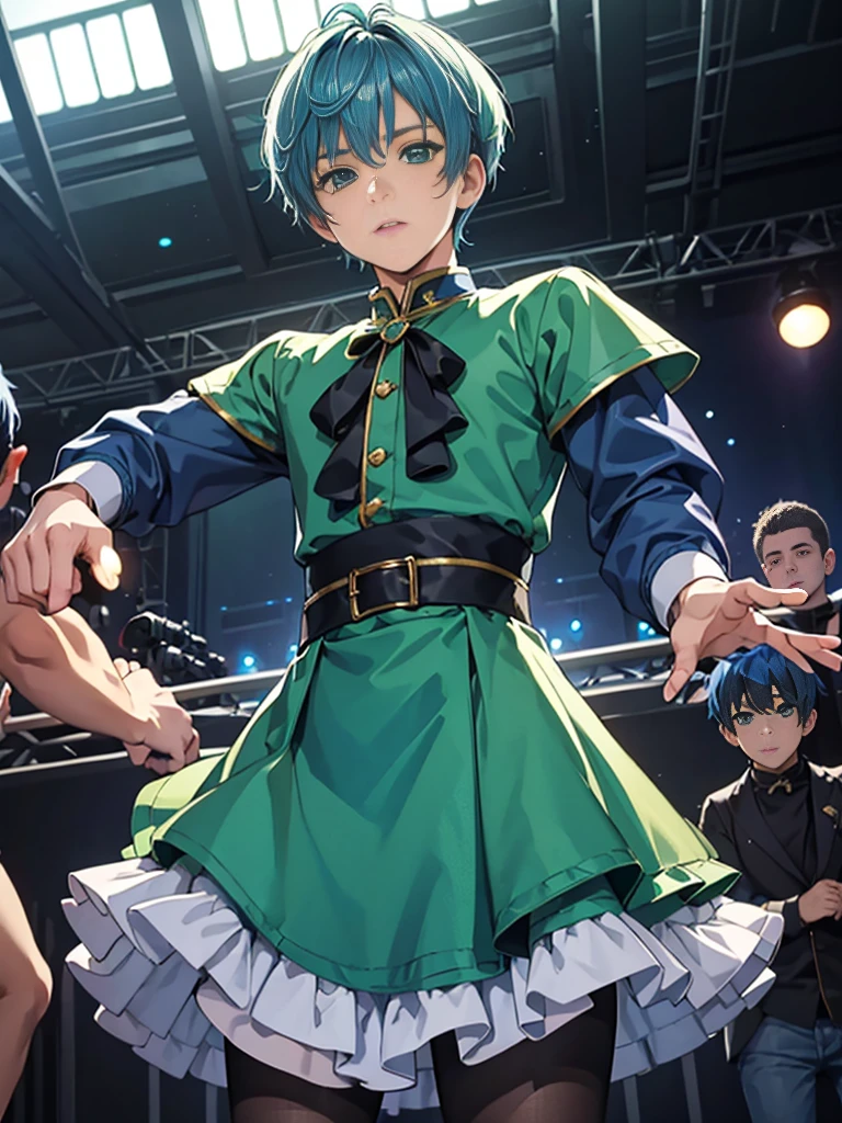 1boy, blue hair, ((green eyes)), ((idol costume)), blue dress, layered skirt, ((crew cut))
