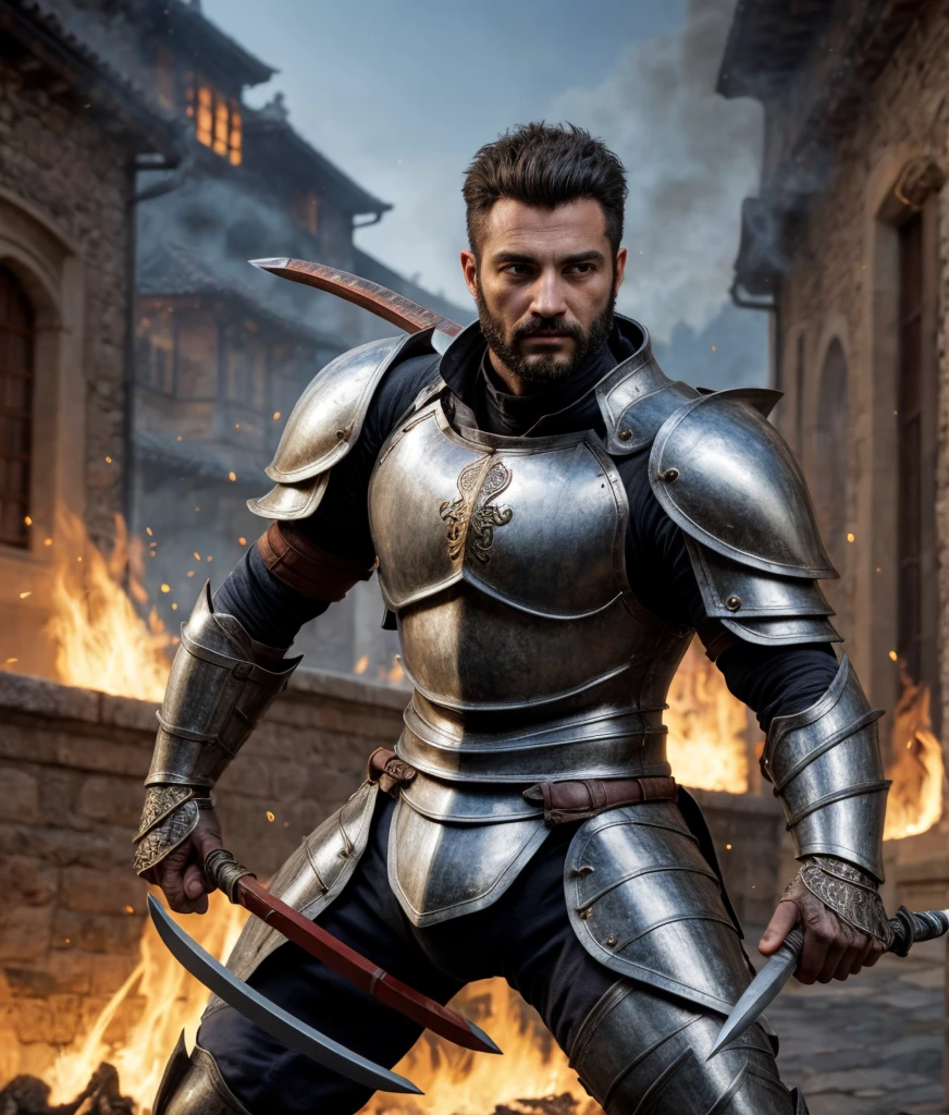 Realistic detailed photograph (italian man), emb3r4rmor, wearing embers knight armor, burning, glowing, dynamic pose, fighting stance, fantasy city background, holding sword,, best quality, masterpiece, highly detailed, realistic, (detailed background), depth of field, soft focus, intricate details, 8k, cartoon, 3d, unreal engine 5, photo of a man,, 