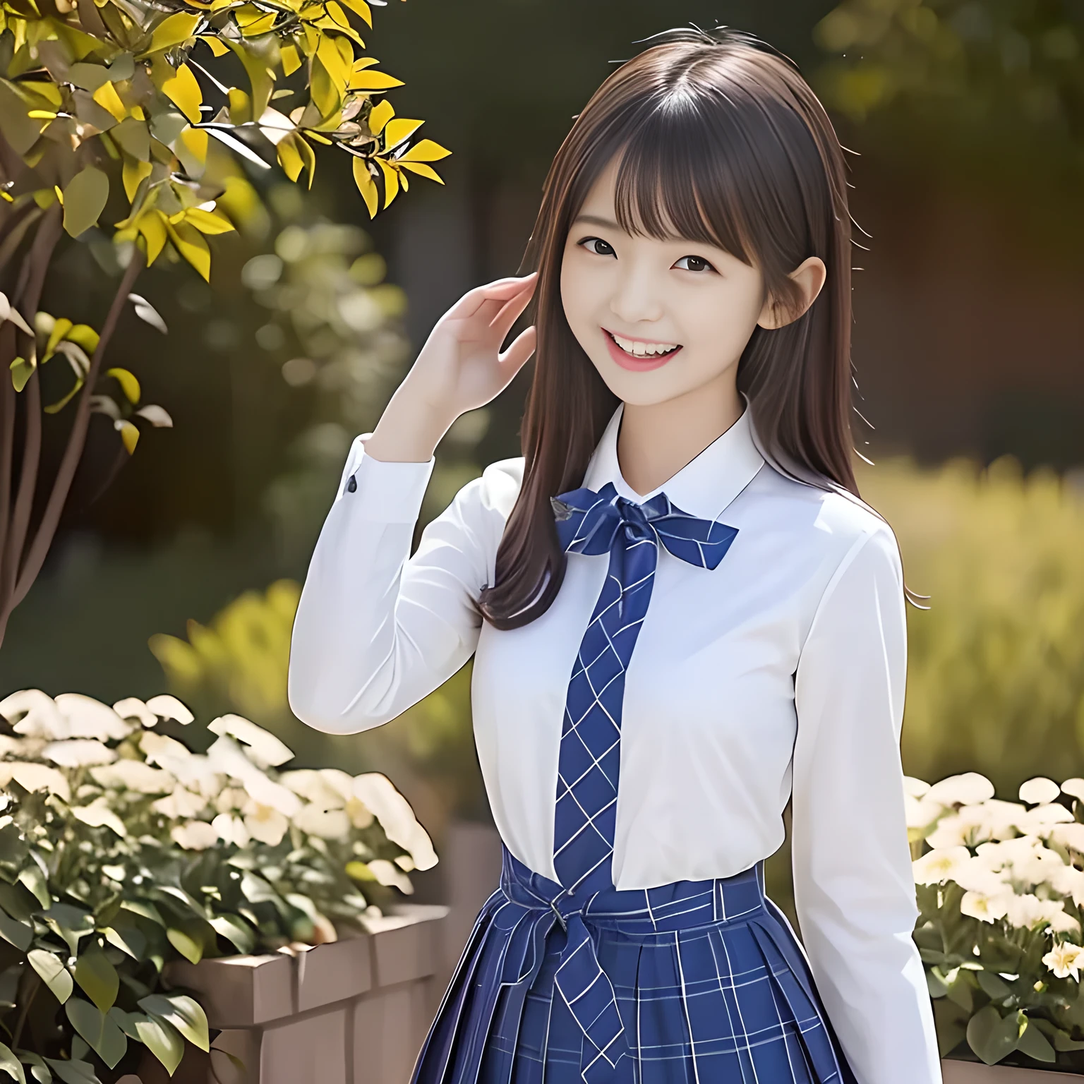 (Highest quality, masterpiece:1.2), Highest quality, High resolution, 1080P, 8K, height: 165cm, ((A noble and intelligent girl who looks like a best proportion Japanese young lady is giggling while magically hypnotizing the viewer)), ((So sweet, very noble, cute and pretty Japanese beautiful cute girl)), ((A real, very girly, sweet, cute and noble girl)), ((((A , smiling beautiful Japanese cute fashion model)))), ((((Very pure white face and limbs)))), Glossy Lips, (Evenly cut bangs), ((Very beautiful, smiling brown, droopy, cute, pure, noble eyes)), ((Super long, straight black hair that reaches the floor)), Very shiny, Glossy Lips, Open hand over open mouth, Beautiful straight hair like a hair model, Watch and laugh at your audience, ((Incredibly well organized, Rich facial expressions. Plump and beautiful white skin and face)), ((Pure, clear, gentle smiling eyes)), ((Smile at me)), Glossy Lips, ((Noble and elegant)), ((As the succubus charms you with her magic and giggles)), ((((Succubus is fascinating、Calling to the depths of eternity)))), Very beautiful blue skirt, ((Large upward-curving lips)), ((Look directly at the viewer)), White Hand, ((Navy Japanese School Blazer, Navy and sapphire blue Japanese school uniform tartan check pattern pleated long skirt, Blue string ribbon tie)), ((((An ecstatic expression of boundless joy)))), ((White flowers garden background))