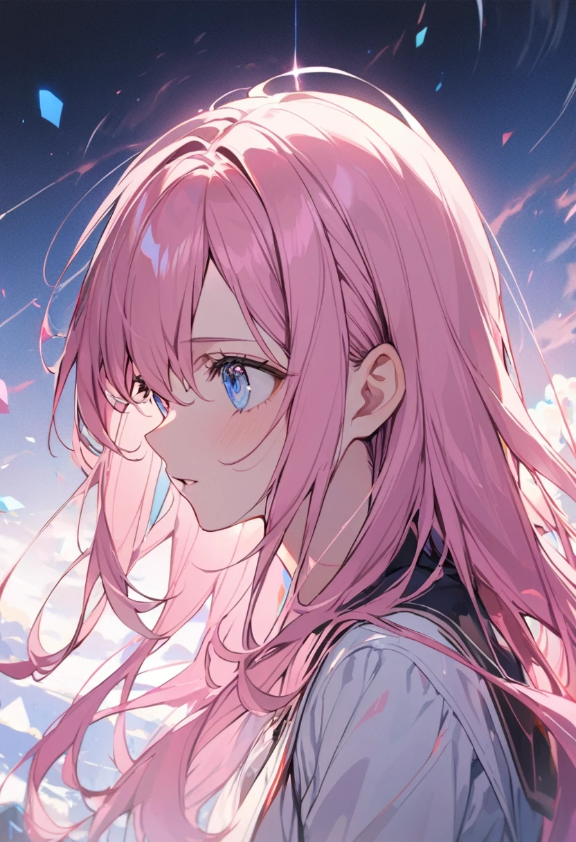  1 woman, , pink hair, long hair, blue eyes, looking at the ground