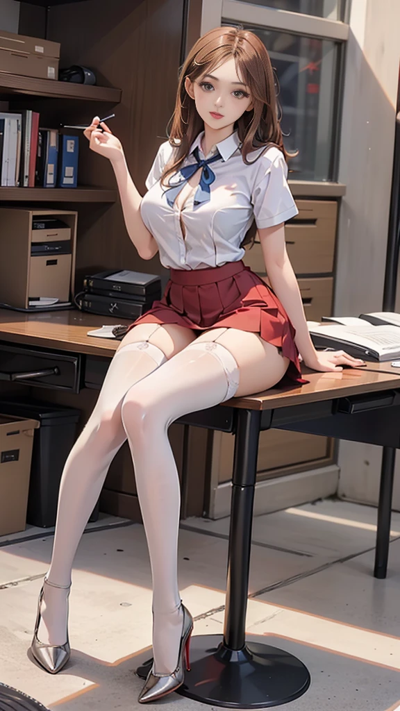 best qualtiy, Full body like,Refined face,1girl , beautiful, huge breasts ,pretty face,red long hair ,25 years old woman,slimfigure,Smaller bust,office lady uniform, pleated mini skirt ,Office wear,white stockings,Outdoor scene,Sit Pose