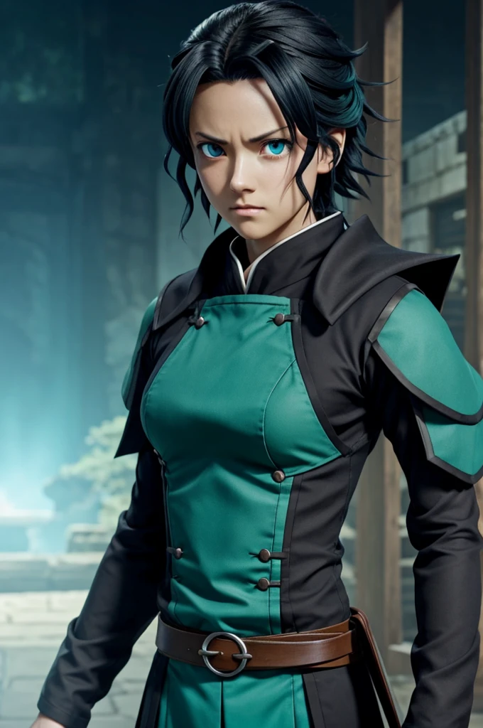 UFOTABLE STUDIOS SEASON 3 SCREENSHOT DEMON SLAYER SCREENSHOT ANIME CHARACTER female woman, dark thesis, blue eyes, upset expression, half of his face covers his right eye, with a scratch on his lips on the left side, short hair, wavy dark black hair with turquoise tips, with a dark blue Demon Slayer suit with a slightly wide part of the pants, japanese sandals, covering it with a light green haori. anime styles, Ufotable Studios Season 3 Screenshot.