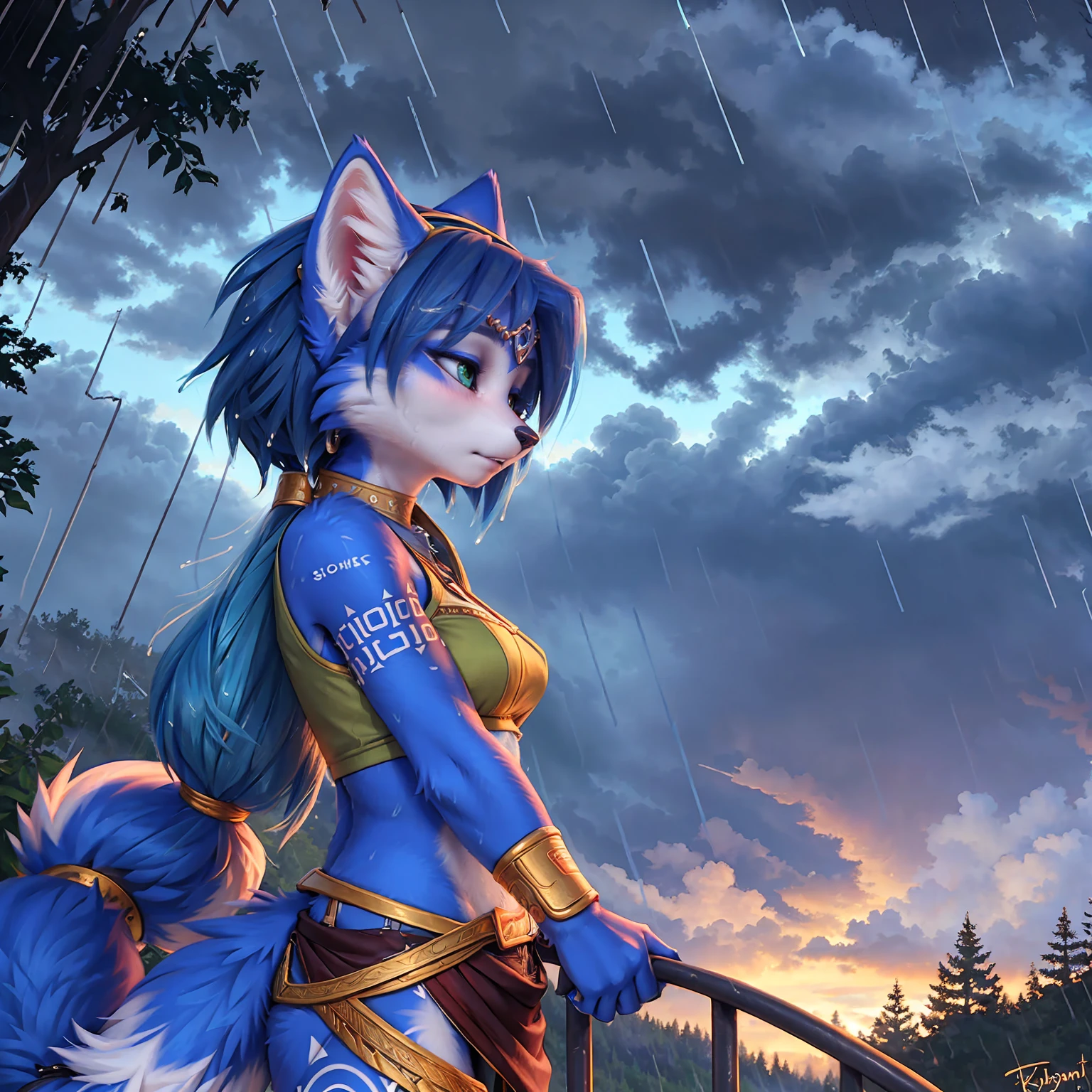 A beautiful and detailed (sweet picture) of ((Krystal)), Star Fox Krystal,  green eyes, medium breasts, (((Long blue hair 1.3))),  anthro, furry, (of Fluff-Kevlar, Bayard Wu, Personalami, Pino Daeni),  detailed fluffy fur, detailed face, (fluffy), 1 girl, alone, hair cover one eye:1.4, ((stands in the rain:1.4))), storm, stands on a meadow, ((looks at the sky:1.4)), has a sad facial expression, to see from the side, to see in profile, wears tribal clothing, wearing tribal top