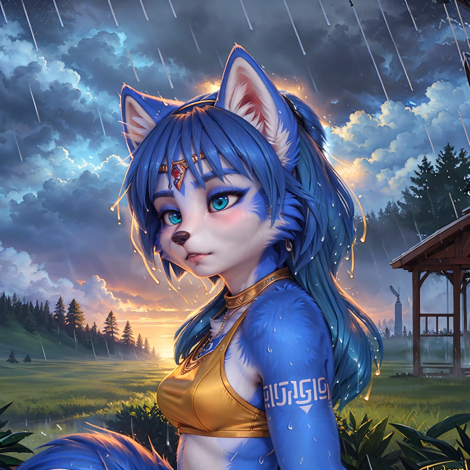 A beautiful and detailed (sweet picture) of ((Krystal)), Star Fox Krystal,  green eyes, medium breasts, (((Long blue hair 1.3))),  anthro, furry, (of Fluff-Kevlar, Bayard Wu, Personalami, Pino Daeni),  detailed fluffy fur, detailed face, (fluffy), 1 girl, alone, hair cover one eye:1.4, ((stands in the rain:1.4))), storm, stands on a meadow, ((looks at the sky:1.4)), has a sad facial expression, to see from the side, to see in profile, wears tribal clothing, wearing tribal top