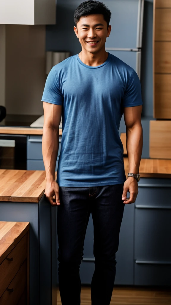 Thai man ,man ,(Blue T-shirt:1.5) ,Jeans ,He is about 30 years old..，Rough and handsome appearance，large breastsj，Big waistline，buzz cut, angry, sullen, best quality, Masterpiece，（Have muscles：4.5），(best quality,high resolution,Masterpiece:1.2),The eyes are natural and delicate..,1 person,alone,gay asian,muscle,Long legs,brave,short hair details,conjunctivitis ,strong,brown eyes, (standing in the kitchen:1.5)，in the market，sitting on the table ,smile