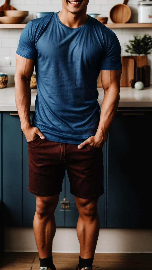 Thai man ,man ,(Blue T-shirt:1.5) ,Jeans ,He is about 30 years old..,Rough and handsome appearance,large breastsj,Big waistline,buzz cut, angry, sullen, best quality, Masterpiece,(Have muscles:4.5),(best quality,high resolution,Masterpiece:1.2),The eyes are natural and delicate..,1 person,alone,gay asian,muscle,Long legs,brave,short hair details,conjunctivitis ,strong,brown eyes, (standing in the kitchen:1.5),in the market,sitting on the table ,smile