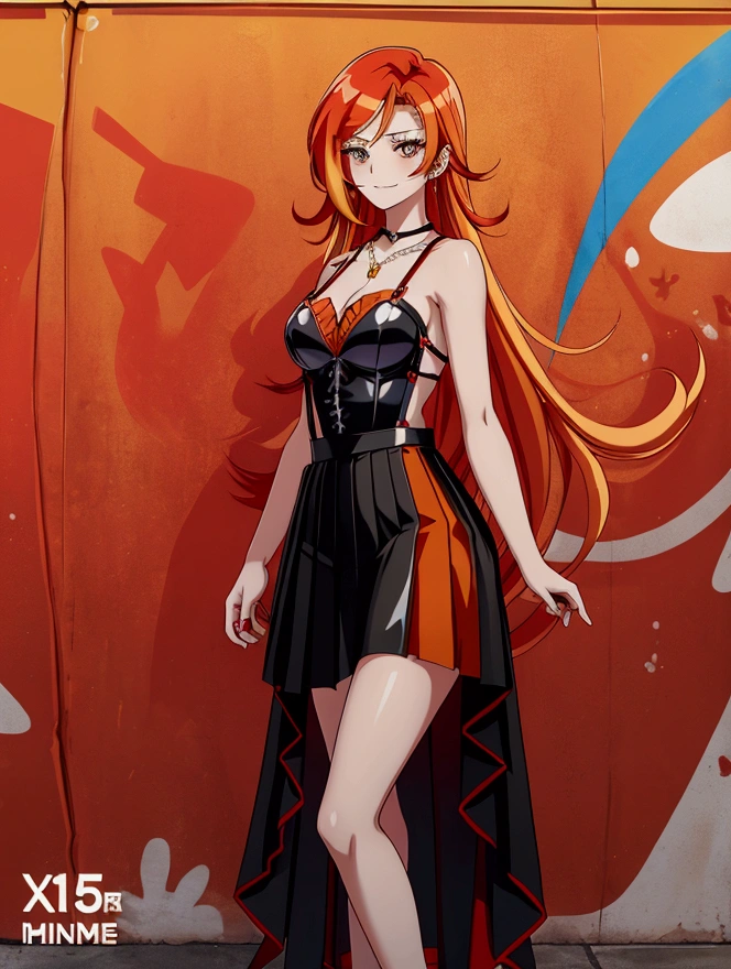 Anime girl in red, orange and black suspender skirt in front of graffiti wall, 25 years old，long hair anime girl, She has long red and yellow hair., Attractive anime girl,Bare arms，Bare arms，Bare legs，Black necklace，Tie-strap skirt，Front view，First Perspective，high quality，16K，Exciting appearance，very clearly，Exquisite mature facial，Royal sister，Simple black suspender skirt，Alone，Standing front