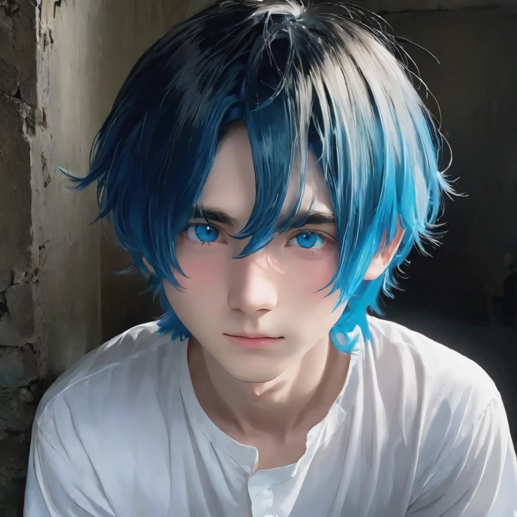 best quality, masterpiece, solo, 1boy, blue hair, white shirt,  blue eyes, black beckground, full faces