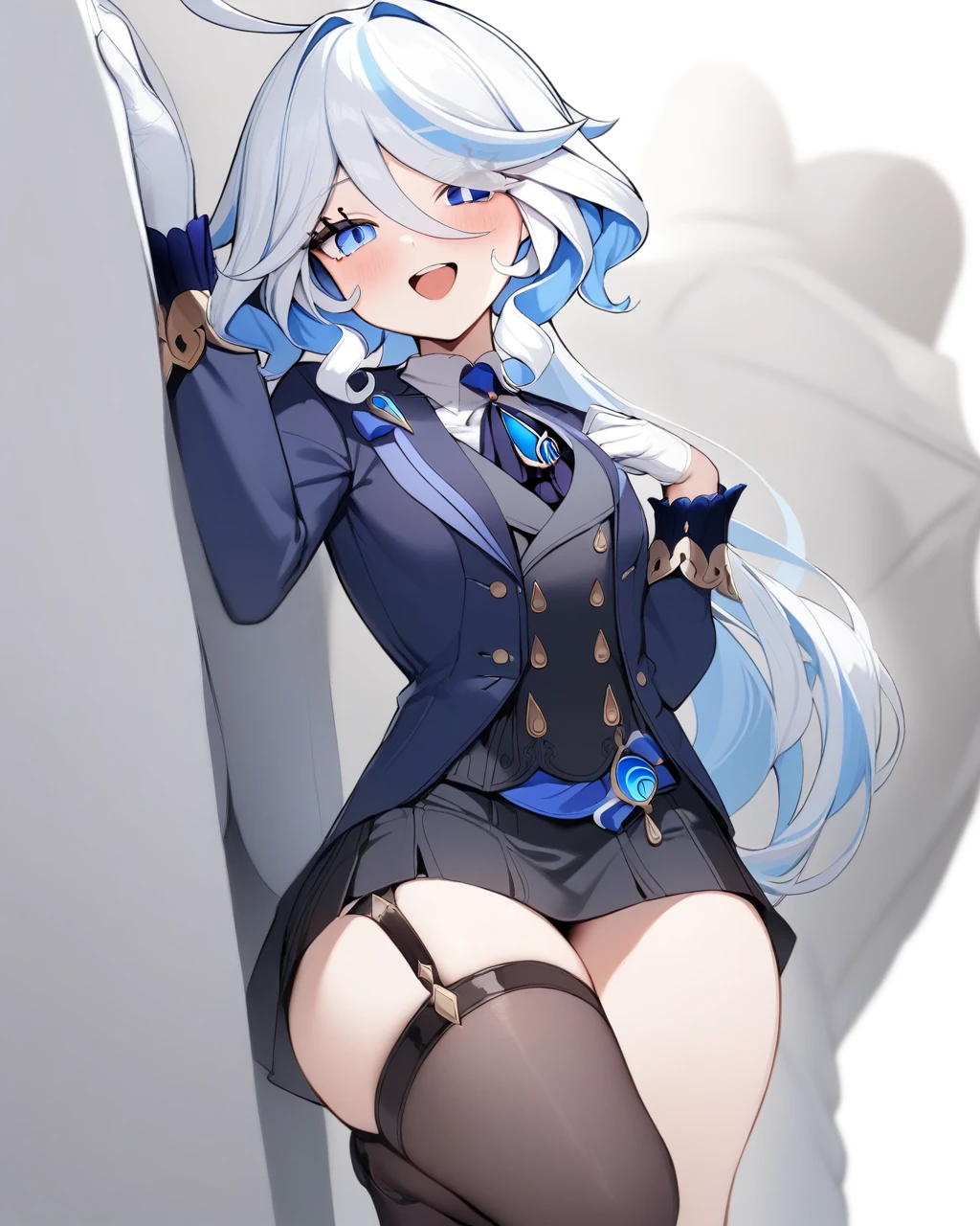 masterpiece,best quality,1girl, furina \(genshin impact\), genshin impact, cowlick, blue jacket, simple background, open mouth, streaked hair, upper teeth only, solo, long hair, light blue hair, white background, smile, white hair, ahoge, long sleeves, hair between eyes, (((skirt suit))), (((three-piece suit))), (((dress shirt))), (((necktie))), (((blazer))), (((black lapel))), (((suit jacket))), ((waistcoat)), double-breasted waistcoat, (((bodycon miniskirt))), pocket square, cufflinks, tie clip , tailored suit,