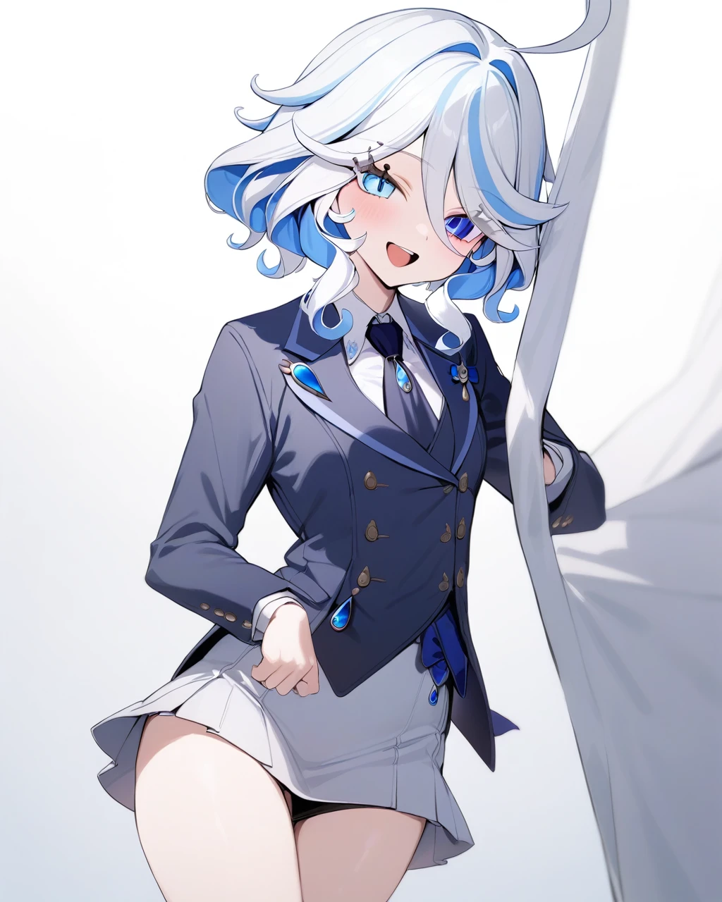 masterpiece,best quality,1girl, furina \(genshin impact\), genshin impact, cowlick, blue jacket, simple background, open mouth, streaked hair, upper teeth only, solo, long hair, light blue hair, white background, smile, white hair, ahoge, long sleeves, hair between eyes, (((skirt suit))), (((three-piece suit))), (((dress shirt))), (((necktie))), (((blazer))), (((black lapel))), (((suit jacket))), ((waistcoat)), double-breasted waistcoat, (((bodycon miniskirt))), pocket square, cufflinks, tie clip , tailored suit,