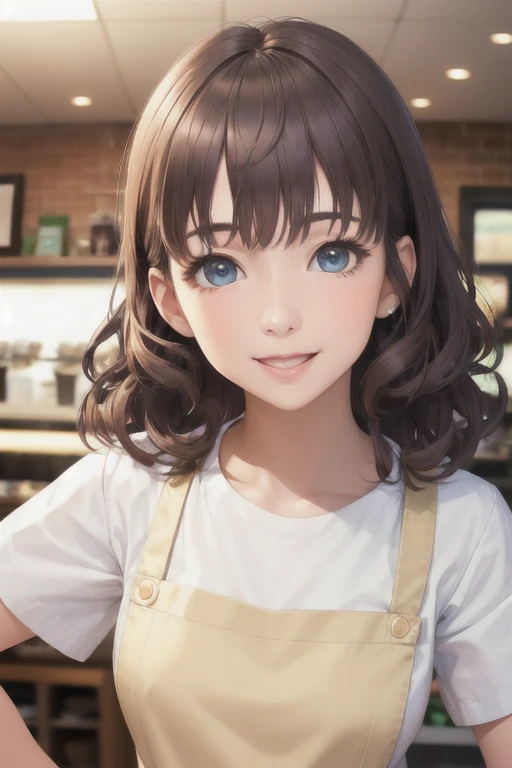 girl,Character design sheet,Beautiful attention to detail,Beautiful lip detail,Very detailed目と顔,Long eyelashes,Realistic,photoRealistic:1.37,Very detailed,Professional,Vibrant colors,Portraiture,Studio Lighting,Sharp focus,Physically Based Rendering,High resolution,超High resolution. blue eyes, Long Hair,Curly hair、Black Hair,Lower eyes,apron,White Shirt,Chino pants,Open your mouth a little,Coffee shop,stand,Smile