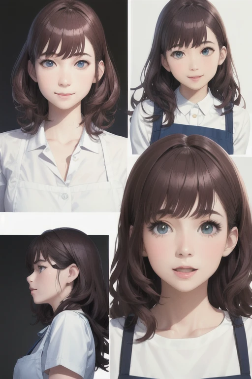girl,Character design sheet,Beautiful attention to detail,Beautiful lip detail,Very detailed目と顔,Long eyelashes,Realistic,photoRealistic:1.37,Very detailed,Professional,Vibrant colors,Portraiture,Studio Lighting,Sharp focus,Physically Based Rendering,High resolution,超High resolution. blue eyes, Long Hair,Curly hair、Black Hair,Lower eyes,apron,White Shirt,Chino pants,Open your mouth a little,Coffee shop,stand,Smile