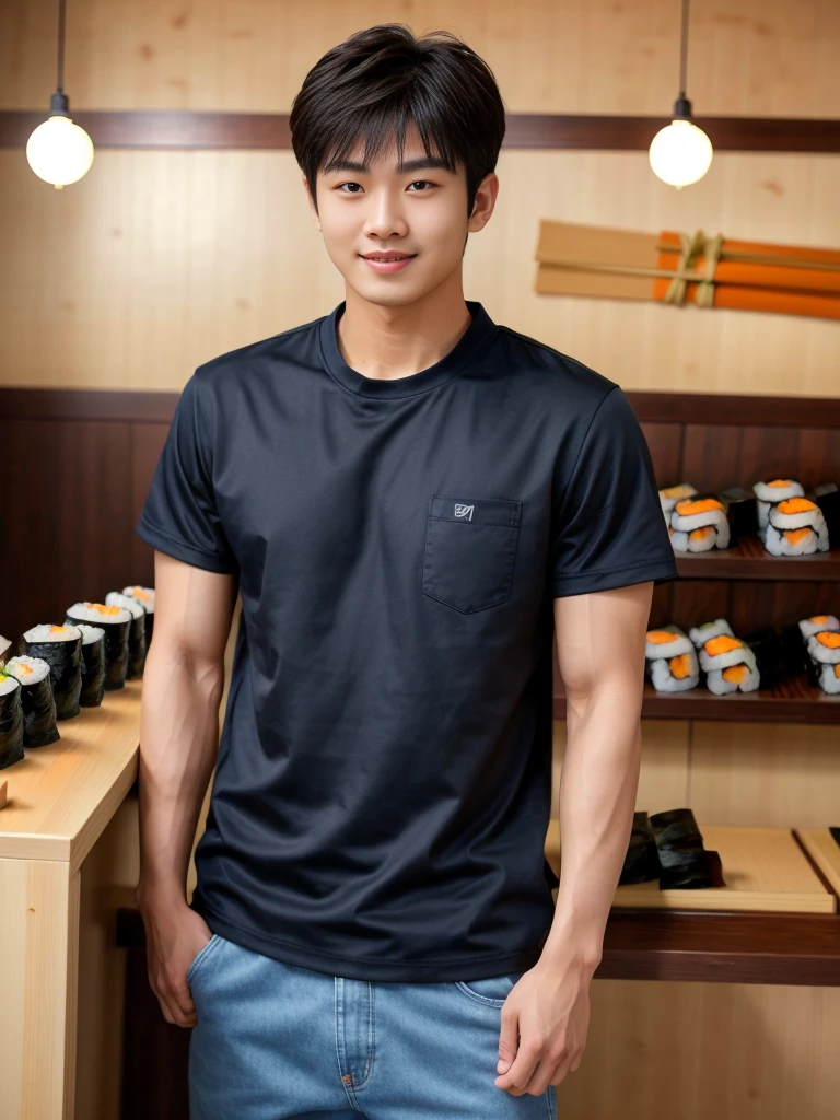 独奏: 1.5, (As a matter of fact, Masterpiece, 8k HD, good light quality, sportswear, fit the face, complicated details), A handsome Korean young man with muscular arms. , 20 years old, be happy, smile brightly, detailed face, delicate eyes, look at the sky, Wear a navy tight T-shirt.:1.6 ,Wear a denim coat., jeans period, black eyes, Black hair color, ผมsmooth, smooth,Surreal,Awesome details,Highest quality,real,Open your mouth to talk. , Close your eyes., (standing in a sushi shop :1.5)