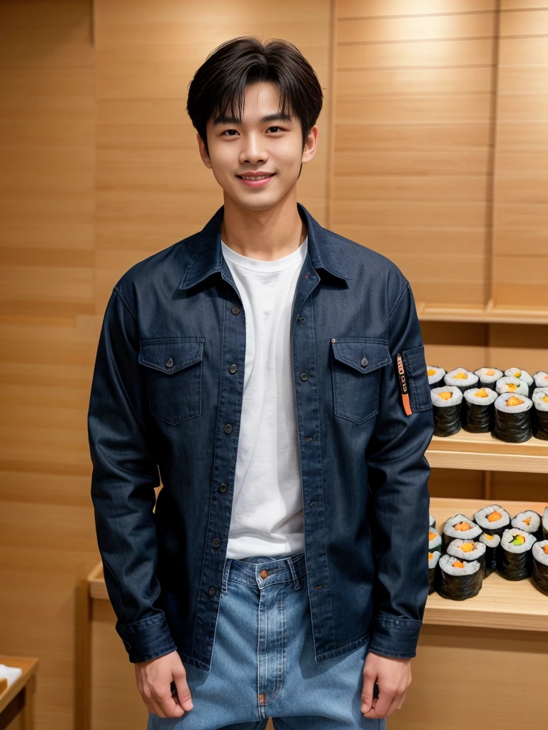 独奏: 1.5, (As a matter of fact, Masterpiece, 8k HD, good light quality, sportswear, fit the face, complicated details), A handsome Korean young man with muscular arms. , 20 years old, be happy, smile brightly, detailed face, delicate eyes, look at the sky, Wear a navy tight T-shirt.:1.6 ,Wear a denim coat., jeans period, black eyes, Black hair color, ผมsmooth, smooth，Surreal，Awesome details，Highest quality，real，Open your mouth to talk. , Close your eyes., (standing in a sushi shop :1.5)