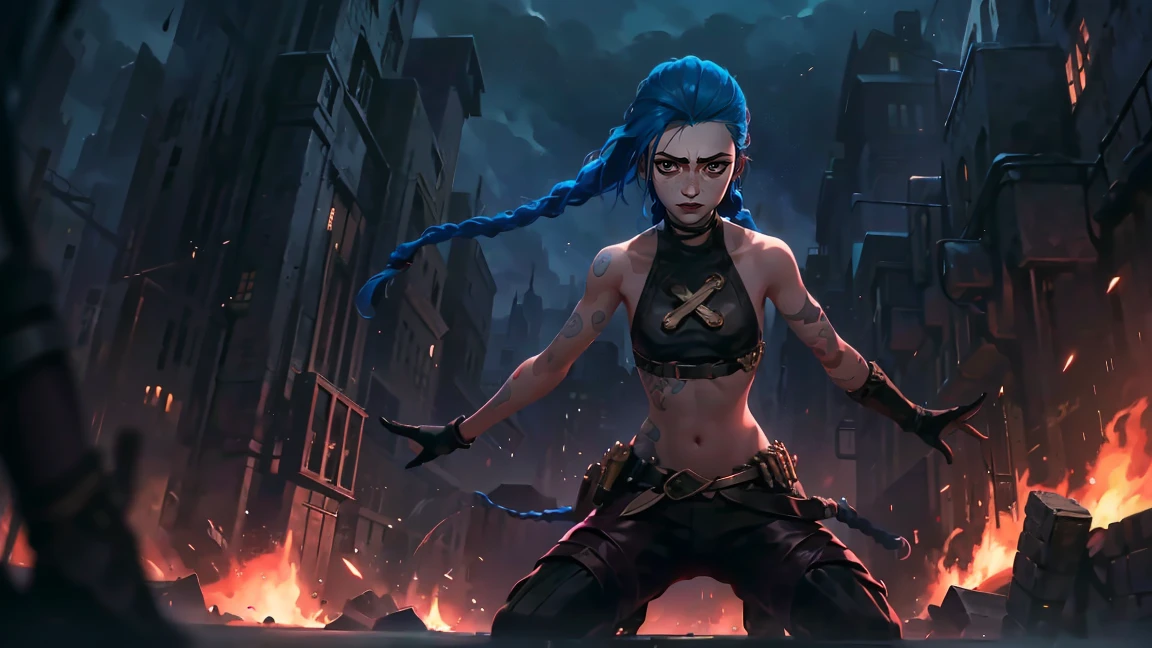 (masterpiece, Best quality), 1 girl, portrait very detailed face,, very sexy, crazy look, smile, crying, pink tears, tears on the cheeks, tears from eyes, full length (full body 1.1.), очень feminine, fighting stance, battle, fire, explosions, burning city, Beautiful waist, gloomy composition, flame, fire, Flash, very beautiful, feminine, long hair, hair braided in long braids, very sexy, tight leather pants, emphasis on the eyes, emphasis on the face, Beautiful face, Hands, Hair, Haired ponytail, red purple eyes, Джинкс crying, Blue cloud tattoo, (masterpiece, Best quality), Side lighting, beautiful detailed eyes, crazy face), (Best quality), (masterpiece), magic photography, Spectacular lighting, Photorealism, ultra detailed, intimate portrait composition, 1. 4,8 k UHD, aesthetic, Cd., A high resolution, 8 k, better lighting, Best shade, Ultra-HD, A high resolution, sharp focus, Complex background, Cinematic lighting, ((Landscape view)), 4K block, (better lighting), ((Cinematic lighting)),