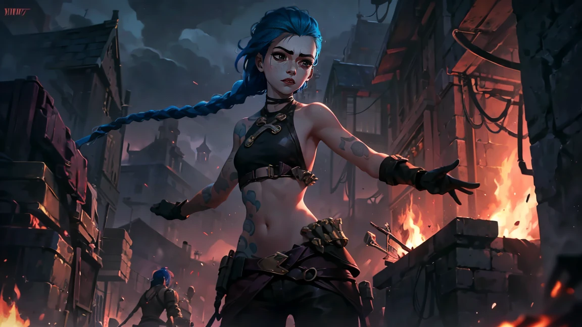 (masterpiece, Best quality), 1 girl, portrait very detailed face,, very sexy, crazy look, smile, crying, pink tears, tears on the cheeks, tears from eyes, full length (full body 1.1.), очень feminine, fighting stance, battle, fire, explosions, burning city, Beautiful waist, gloomy composition, flame, fire, Flash, very beautiful, feminine, long hair, hair braided in long braids, very sexy, tight leather pants, emphasis on the eyes, emphasis on the face, Beautiful face, Hands, Hair, Haired ponytail, red purple eyes, Джинкс crying, Blue cloud tattoo, (masterpiece, Best quality), Side lighting, beautiful detailed eyes, crazy face), (Best quality), (masterpiece), magic photography, Spectacular lighting, Photorealism, ultra detailed, intimate portrait composition, 1. 4,8 k UHD, aesthetic, Cd., A high resolution, 8 k, better lighting, Best shade, Ultra-HD, A high resolution, sharp focus, Complex background, Cinematic lighting, ((Landscape view)), 4K block, (better lighting), ((Cinematic lighting)),