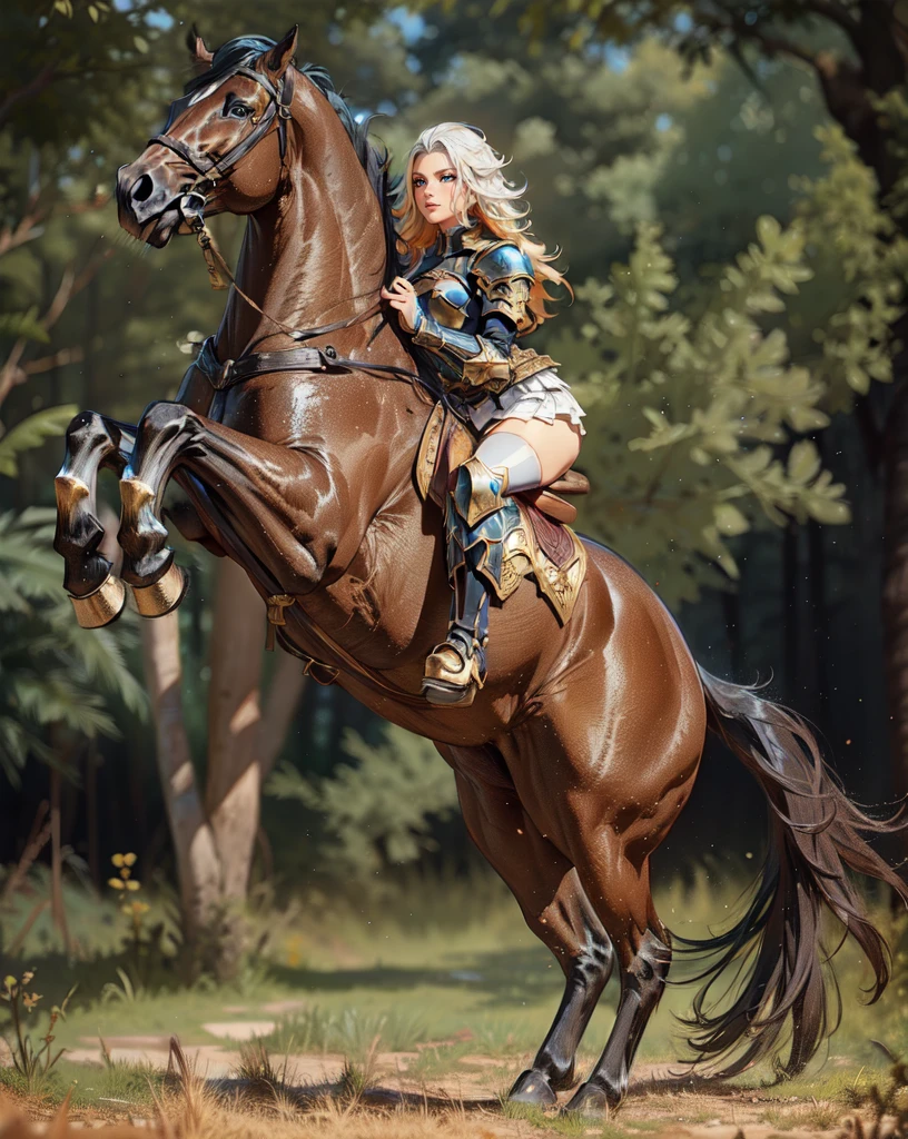 ((best quality)), ((anime masterpiece)), (high detailed), 8k, cinematic lighting, realistic, HDR, vivid color, a female knight riding a BROWN HORSE, long hair, {black hair}, (white armor, black gauntlet, black miniskirt, black boots), forest, anatomically correct
