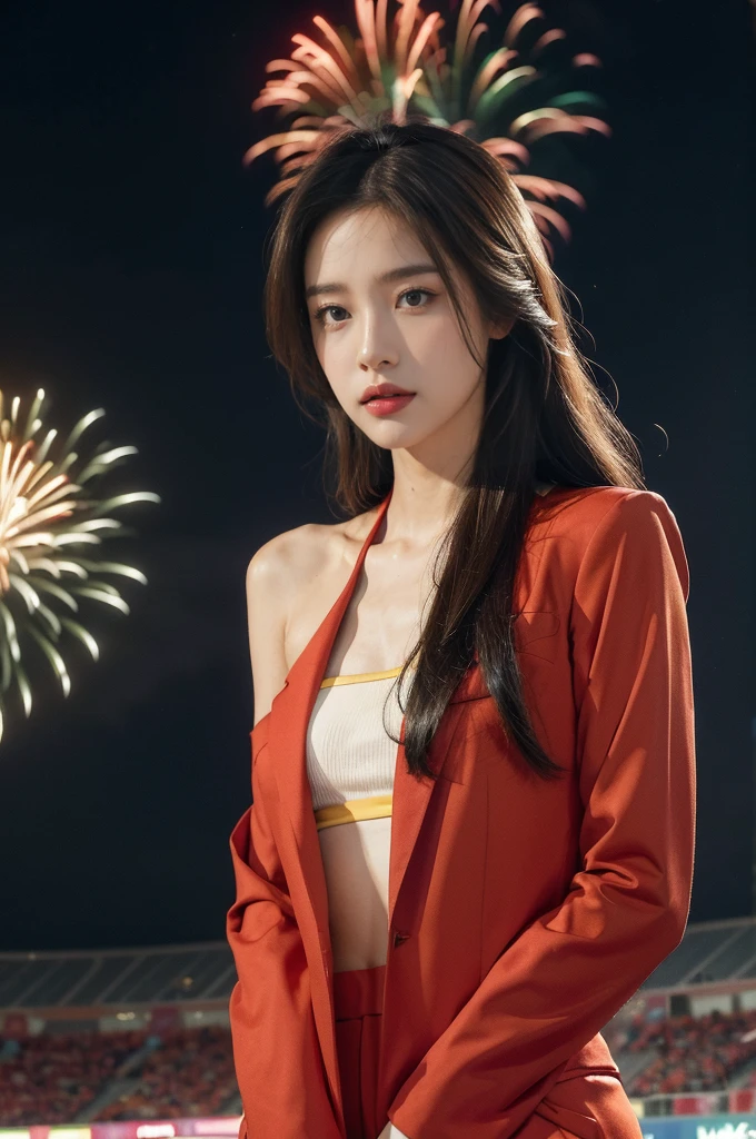 (((best quality))), (((ultra detailed))), (((masterpiece))), illustration, ((1 beautiful Chinese girl,solo)),(shoulder length straight hair:1.2),((slim,thin)),((small breasts,flat chest)),((red suit blazer, yellow pants)), excitement, pride,confident, anticipate, vibrant colors, ((Opening Ceremony, Olympics)), enthusiastic fans,(in a French stadium:1.3), fireworks, national colors, activity, vendors, snacks, souvenirs, roar of the crowd, historic event, electric atmosphere, beauty, joy, proud representation, pageantry, spectacle, Games, celebration, sport, boundaries, differences, snapshot, spirit,((from front,upper body))