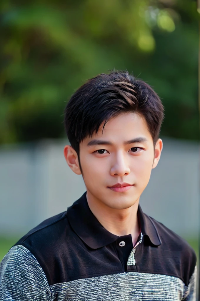 ((Highest quality, 8K, Masterpiece: 1.3))、Thailand Laos Burma Asia, Thai man, A handsome Asian rugby player with short hair, a muscular beard, and big muscles., 1A man who has、 yo、Good appearance、Beautiful nose、smile、 Detailed eyes and face、beautiful light、(studio)、high resolution、(Look at the viewer.)、Fine mouth、smile、whole body: 1.5, perfect shape: 1.3, looking at camera ,black polo shirt, ((field)), sunlight looking at the field