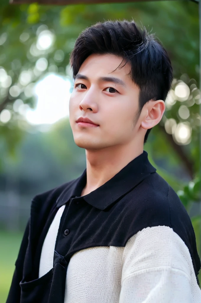 ((Highest quality, 8K, Masterpiece: 1.3))、Thailand Laos Burma Asia, Thai man, A handsome Asian rugby player with short hair, a muscular beard, and big muscles., 1A man who has、 yo、Good appearance、Beautiful nose、smile、 Detailed eyes and face、beautiful light、(studio)、high resolution、(Look at the viewer.)、Fine mouth、smile、whole body: 1.5, perfect shape: 1.3, looking at camera ,black polo shirt, ((field)), sunlight looking at the field