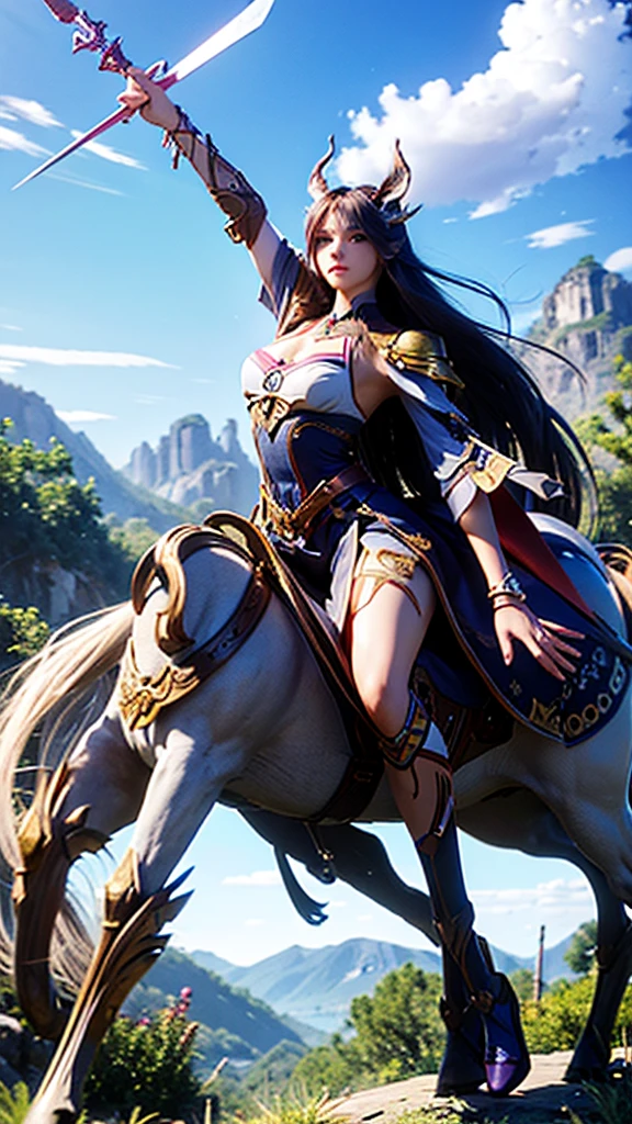 Create a female character that embodies the Sagittarius zodiac sign, making it immediately recognizable. She is a free-spirited and adventurous figure with long, curly chestnut hair and bright, curious blue eyes. She has a tall, athletic build and a sun-kissed complexion. Dress her in attire that combines explorer and modern styles, featuring a purple and turquoise color scheme. Include elements such as a bow and arrow, a quiver, and armor with centaur motifs. The background should include a wide-open landscape with a centaur to further emphasize the Sagittarius symbolism. She should exude a sense of freedom and optimism, representing the adventurous nature of Sagittarius.