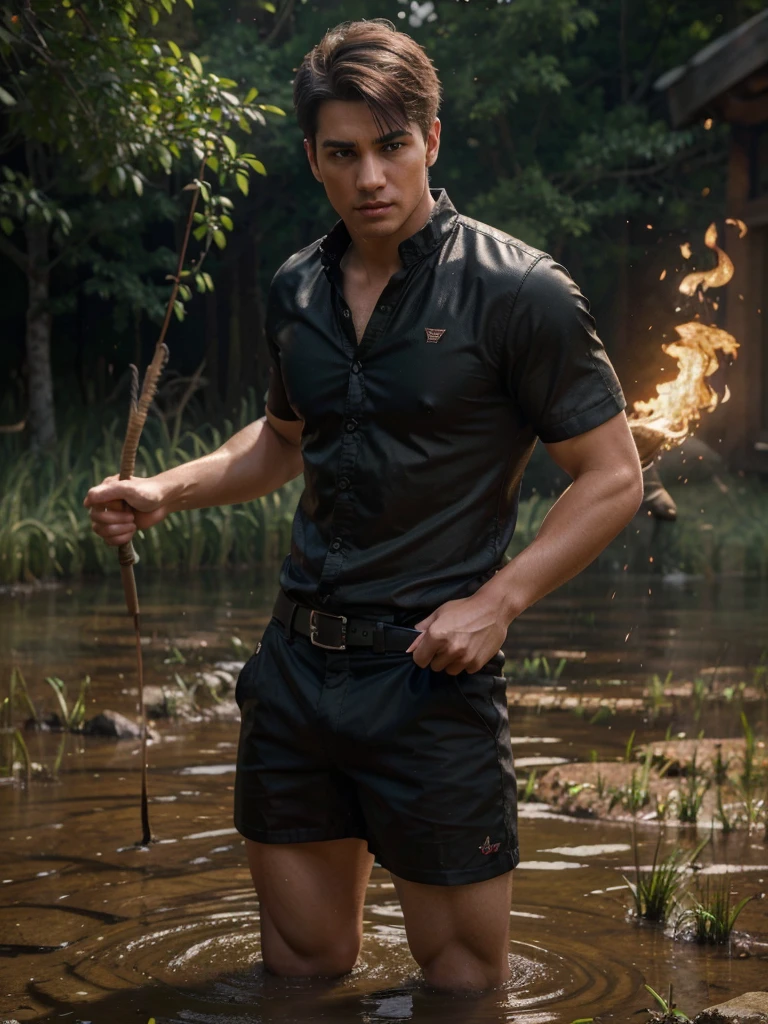 A handsome young man fighting with a fire whip in the middle of a rice field, realistic, ultra HD 100k, extremely detailed, (best quality,4k,8k,highres,masterpiece:1.2),ultra-detailed,(realistic,photorealistic,photo-realistic:1.37),HDR,UHD,studio lighting,ultra-fine painting,sharp focus,physically-based rendering,extreme detail description,professional,vivid colors,bokeh,portrait,landscape