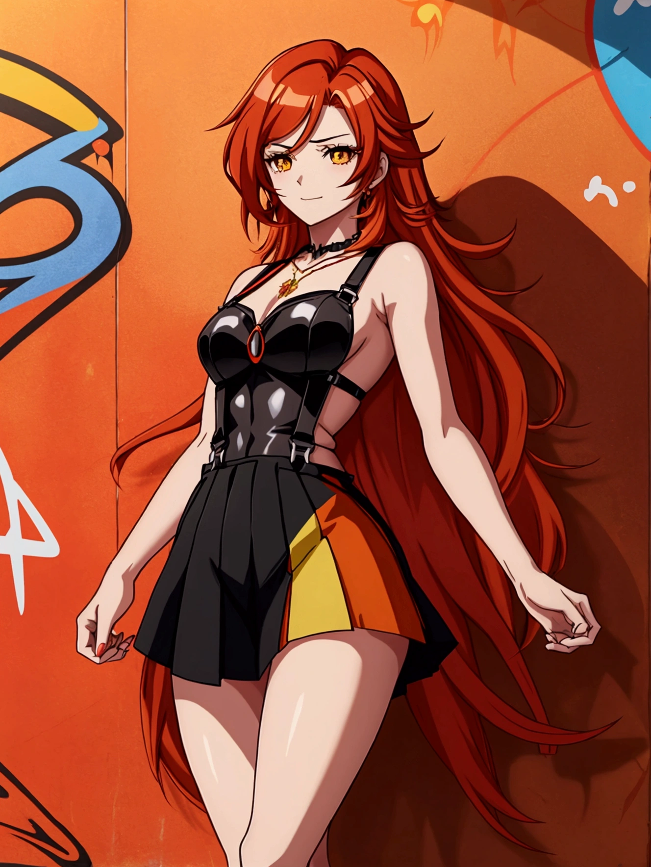 Anime girl in red, orange and black suspender skirt in front of graffiti wall, 25 years old,long hair anime girl, She has long red and yellow hair., Attractive anime girl,Bare arms,Bare arms,Bare legs,Black necklace,Front view,First Perspective,high quality,16K,Exciting appearance,very clearly,Exquisite mature facial,Royal sister,Simple black suspender skirt,Alone,Standing front