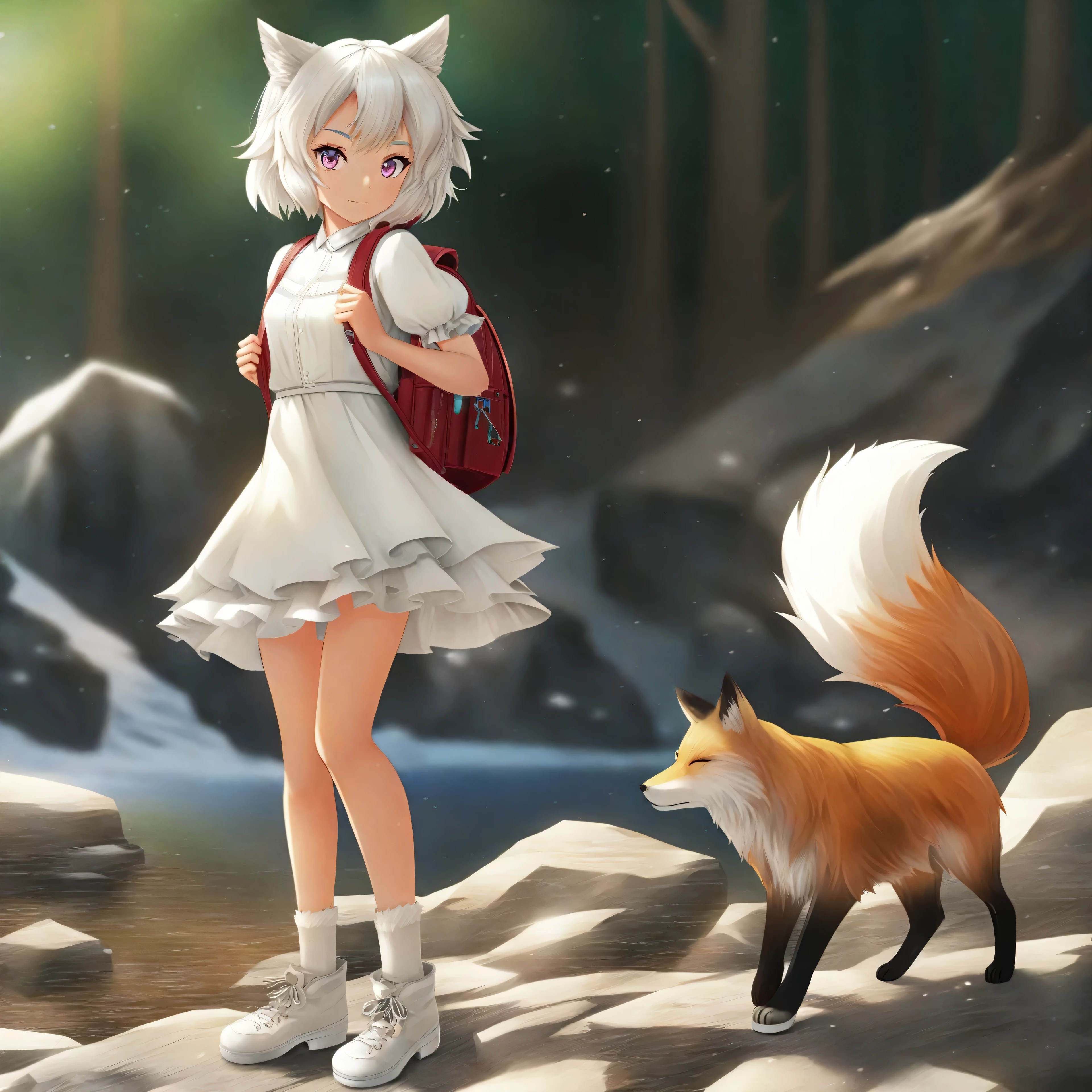 Anime girl with white hair and backpack standing next to fox, White fox, Fox Girl, arctic fox anime, anime style. 8K, Clean and detailed anime art, High-quality anime art style, anime nature, Popular on artstation pixiv, anime pictures, anime style 4 k, arctic fox, Fox Tail, beautiful anime artwork