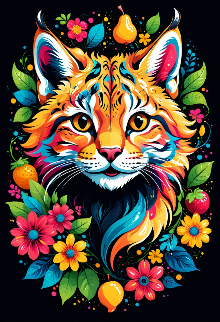  arte vetorial para  t-shirt design, of a colorful illustration of smiling little lynx, At the center, swirly vibrant colors, flowers, fruits, high détail,black backdrop, t-shirt design.
(artwork, UHD quality, details in 16k, proffesional, perfect composition, very aesthetic, absurdrez, super verbose, Intricate details:1.3)