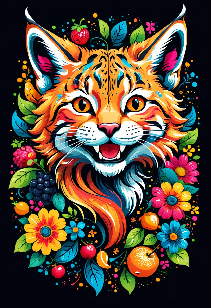  arte vetorial para  t-shirt design, of a colorful illustration of smiling little lynx, At the center, swirly vibrant colors, flowers, fruits, high détail,black backdrop, t-shirt design.
(artwork, UHD quality, details in 16k, proffesional, perfect composition, very aesthetic, absurdrez, super verbose, Intricate details:1.3)