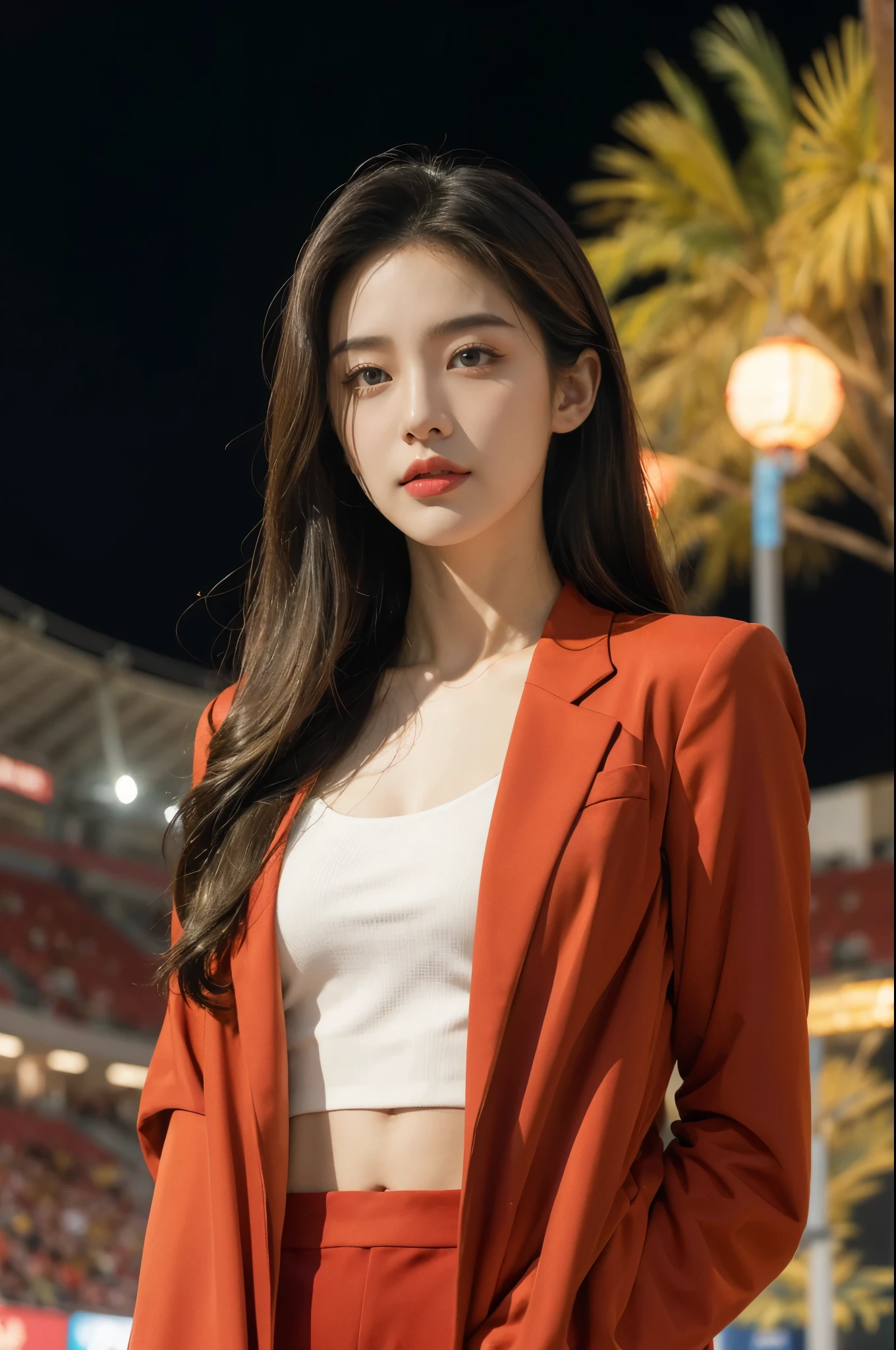(((best quality))), (((ultra detailed))), (((masterpiece))), illustration, ((1 beautiful Chinese girl,solo)),(shoulder length straight hair:1.2),((slim,thin)),((small breasts,flat chest)),((red suit blazer, yellow pants)), excitement, pride,confident, anticipate, vibrant colors, Opening Ceremony, Olympics, enthusiastic fans, French stadium, fireworks, national colors, activity, vendors, snacks, souvenirs, roar of the crowd, historic event, electric atmosphere, beauty, joy, proud representation, pageantry, spectacle, Games, celebration, sport, boundaries, differences, snapshot, spirit