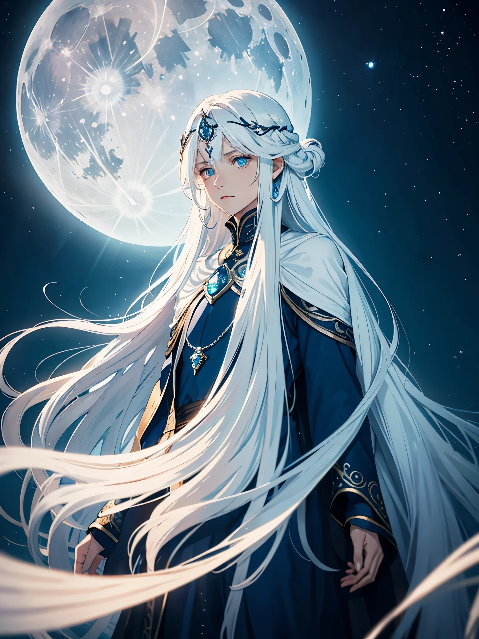 Blue light. Göttlich. Mystisch. Long hair. long white hair. aquatic, boy, Goddess of the Moon, silver hair accessories, White hair, White dress, cape, at night, saturated colors, light eyes, bright, light blue light, blue eyes, Jewelry silver, bluish light, Full moon in the background, aquatic in der Luft rosa kerzen