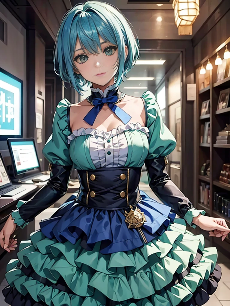 1boy, ((blue hair)), ((green eyes)), ((idol costume)), blue dress, layered skirt, ((crew cut)), crossdressing