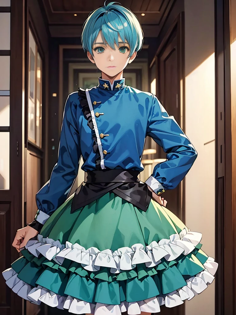 1boy, ((blue hair)), ((green eyes)), ((idol costume)), blue dress, layered skirt, ((crew cut)), crossdressing