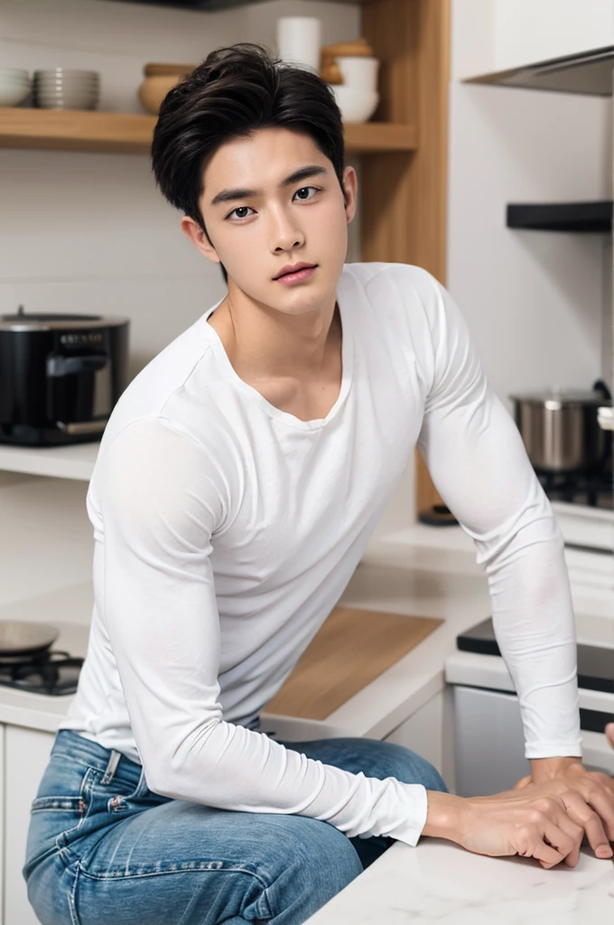 Muscular Asian guy , Wear only white shirts, jeans., A muscular young man., beautiful young male model, Comfortable pose, Portrait of a 25 year old boy, Casual, realistic photography in the kitchen