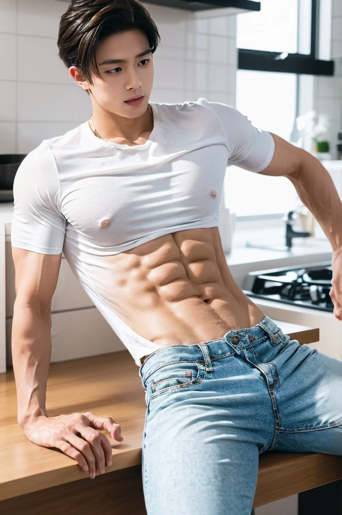 Muscular Asian guy , Wear only white shirts, jeans., A muscular young man., beautiful young male model, Comfortable pose, Portrait of a 25 year old boy, Casual, realistic photography in the kitchen