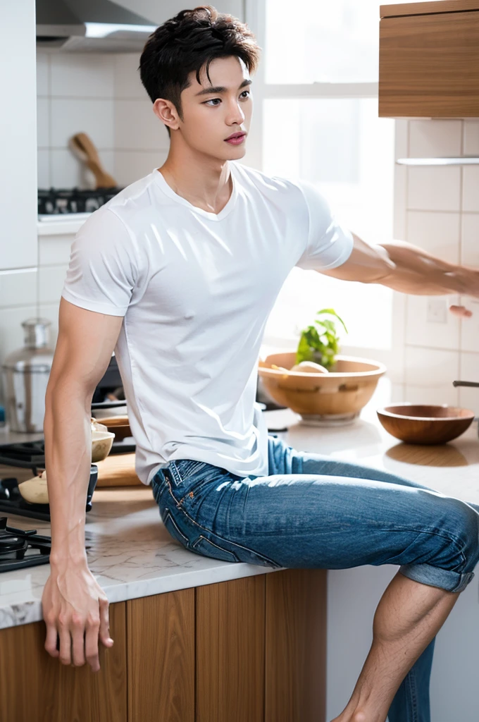 Muscular Asian guy , Wear only white shirts, jeans., A muscular young man., beautiful young male model, Comfortable pose, Portrait of a 25 year old boy, Casual, realistic photography in the kitchen