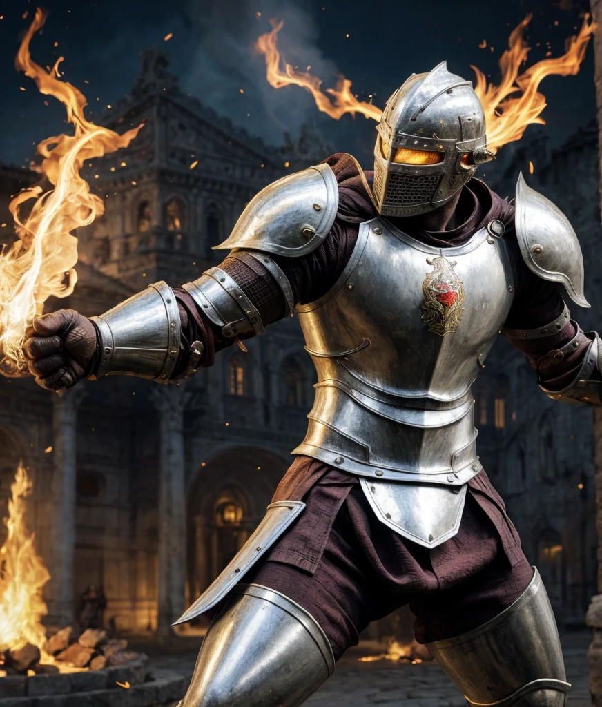 Realistic detailed photograph (italian man), emb3r4rmor, wearing embers knight armor, burning, glowing, dynamic pose, fighting stance, fantasy city background, holding sword,, best quality, masterpiece, highly detailed, realistic, (detailed background), depth of field, soft focus, intricate details, 8k, cartoon, 3d, unreal engine 5, photo of a man,, 