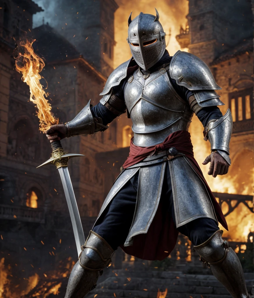 Realistic detailed photograph (italian man), emb3r4rmor, wearing embers knight armor, burning, glowing, dynamic pose, fighting stance, fantasy city background, holding sword,, best quality, masterpiece, highly detailed, realistic, (detailed background), depth of field, soft focus, intricate details, 8k, cartoon, 3d, unreal engine 5, photo of a man,,