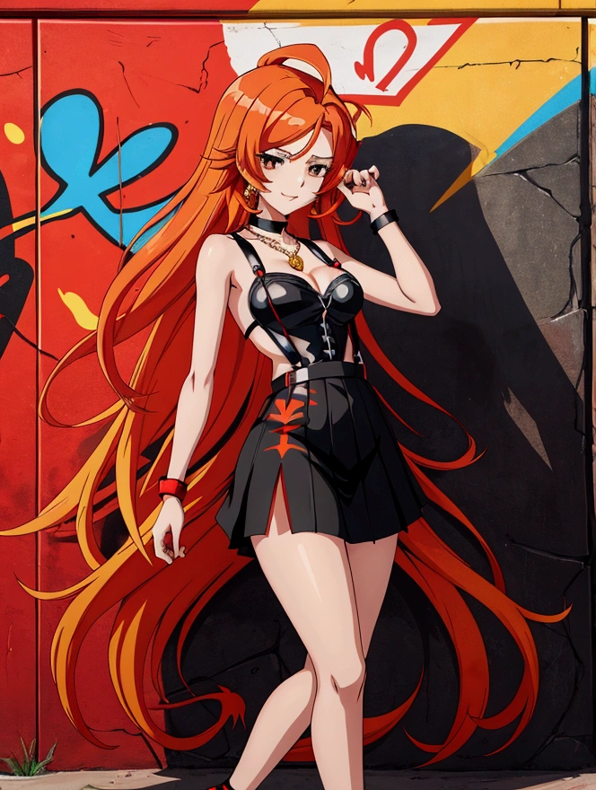 Anime girl in red, orange and black suspender skirt in front of graffiti wall, 25 years old，long hair anime girl, She has long red and yellow hair., Attractive anime girl,Bare arms，Bare arms，Bare legs，Black necklace，Front view，First Perspective，high quality，16K，Exciting appearance，very clearly，Exquisite mature facial，Royal sister，Simple black suspender skirt，Alone，Standing front