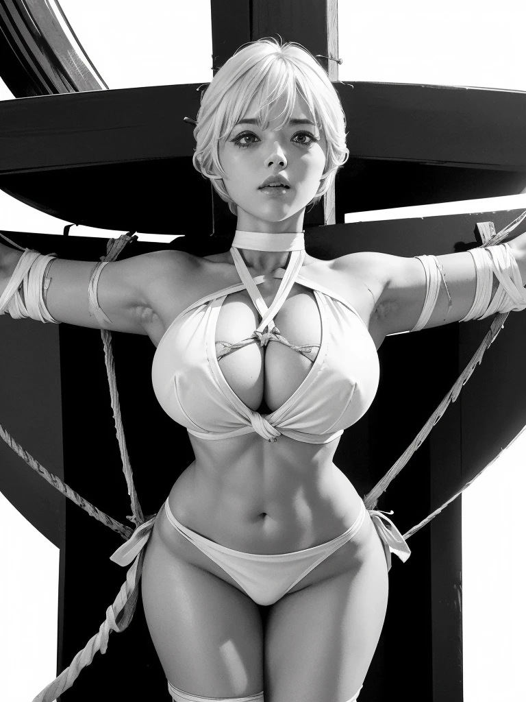 Crucified on an iron cross:1.6, ((Tied up and crucified:1.6)), Very short hair, (masterpiece、Highest quality、Official Art), (Tilt your chin up, See the front-facing camera, Looking at the audience:1.5), topless, Underless, Glowing Skin, Realistic:1.9, Very detailed, Full Body Shot:1.2, Big Breasts, Bare Chest, Exposed female genitalia, Cleavage, Belly button pussy, Expose the center of the body, High resolution, full color photos, High detail, Extremely realistic detail, Ultimate realistic texture, Ultimate in exquisite detail, Professional photos, Sexy portrait of a girl, Voluptuous bust, Big Tits, Tight waist, Cleavage, Trained abdominal muscles, Big Ass,Complete the whole body, Full body image, No underwear, Highest quality, ((background:White Room:1.4)), Suzune, Suzune's clothes